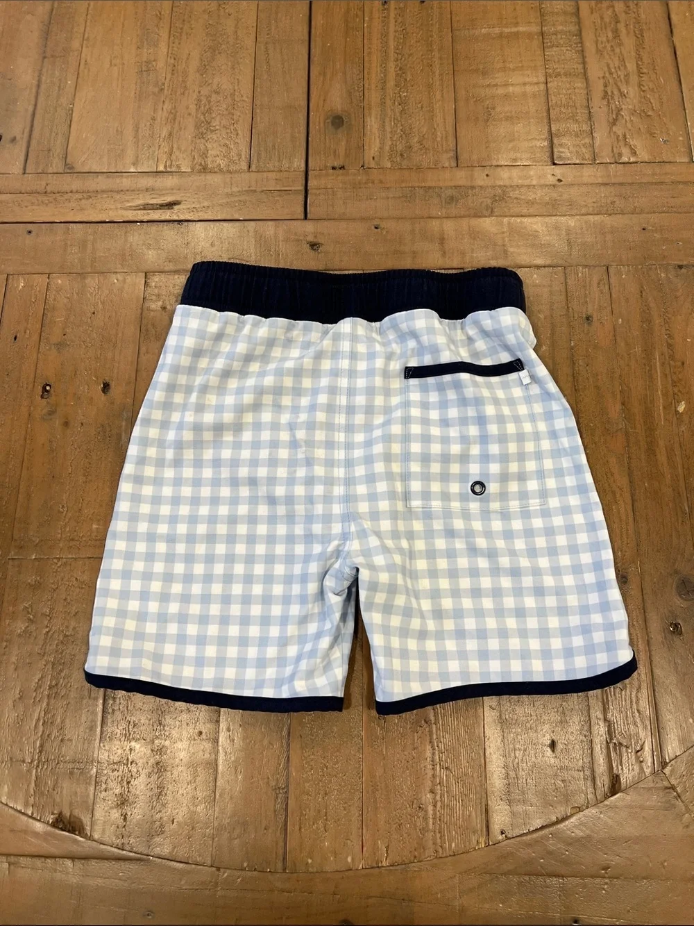 Minnow blue gingham checkered plaid swim trunks 9-10 years old